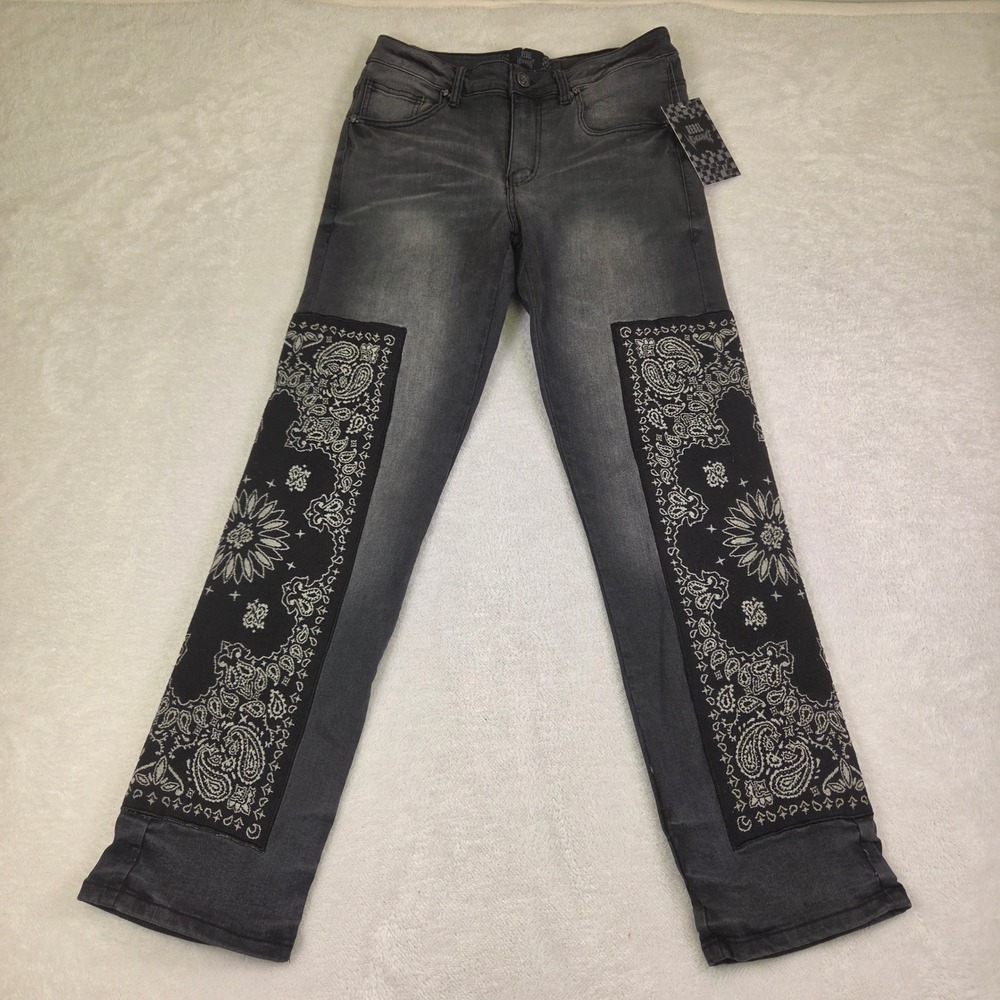 Rebel Vengeance Mens Faded Blk Denim Jeans Skull Button Straight Leg Size 30x30